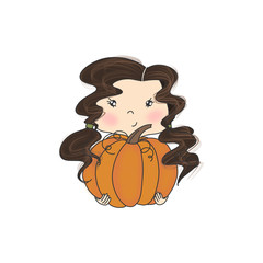 Brunette Girl With A Pumpkin Isolated On A White Background Hand Drawn Illustration
