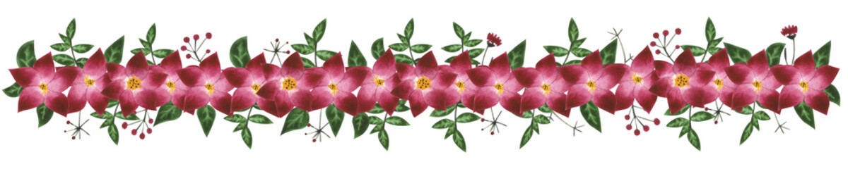 Red and pink flowers with green leaves on white isolated background. Watercolor illustration. Concept. Collage