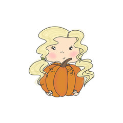Blonde Girl With A Pumpkin Isolated On A White Background Hand Drawn Illustration