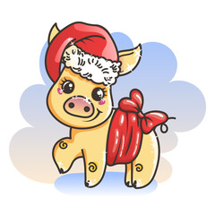 Happy New 2019 Year card with cartoon golden baby pig. Small symbol of holiday.