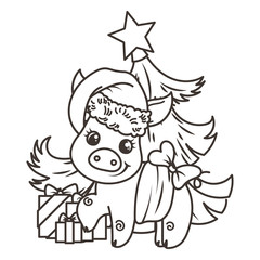 Happy New 2019 Year card with cartoon baby pig. Small symbol of holiday.