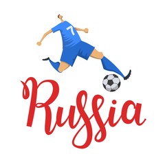 Football in Russia. Player kicking a ball on Russia lettering background. Flat vector illustration. Isolated on white background