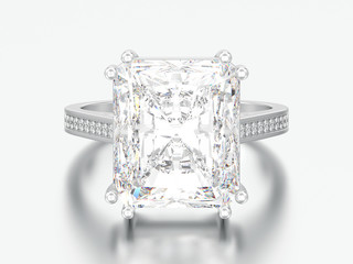 3D illustration silver traditional solitaire engagement diamond ring with radiant diamond