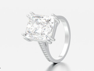 3D illustration silver traditional solitaire engagement diamond ring with radiant diamond