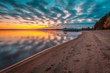 Sunset landscape from Hiukka beach. Sotkamo, Finland.