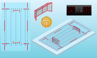 Pool for water polo isometric image,  ball, nets, and scoreboard. Water polo pool top view. Isolated