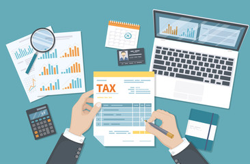 Tax payment concept. State Government taxation, calculation of tax return. Man fills the tax form, documents, calendar, calculator, laptop. Pay the bills, invoices, payrolls. Vector illustration.