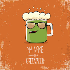 vector cartoon funky green beer glass character with isolated on orange background. vector beer label or poster design template. my name is green beer or happy st. patricks day concept illustration