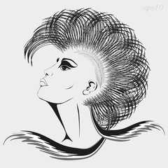 Girl with a mohawk haircut
Portrait in profile of woman in profile with tattoo on head of hair modern style
Motley elegant drawing
