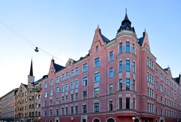 Fototapeta premium blue sky with moon, colorful old buildings and architecture in Helsinki, Finland