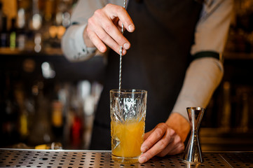 Bartender stirring an alcoholic drink in the glass