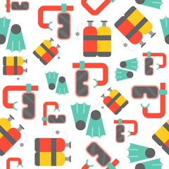 Snorkel, oxygen tank, swim fins, seamless pattern summer theme