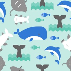 Flat design of Whale, hammerhead shark, dolphin and string fish, seamless  pattern ocean summer theme