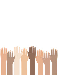 Multiracial Colorful Peoples' Hands Raised. illustration of Human Rights Day background.