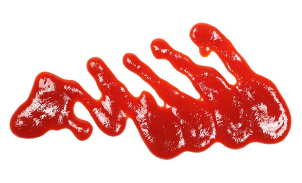 Red ketchup spread, puddle isolated on white background, tomato pure texture, top view