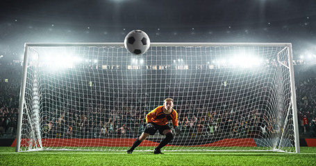 Soccer goalkeeper in action on the stadium
