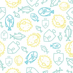 Seamless pattern tropical fish outline, summer theme