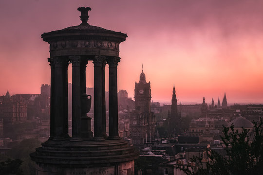 View of the monument to Dugald Stewart and the evening of Edinburgh