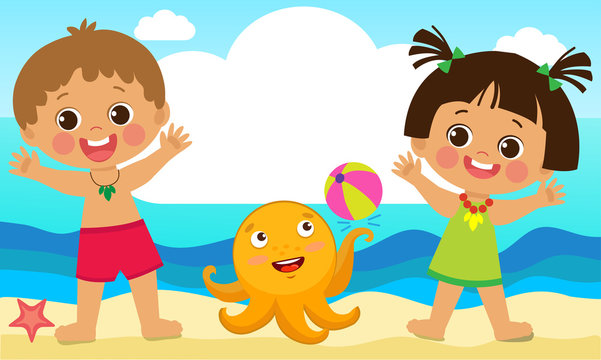 Fun Summer Activities for Kids. Summer Kids Vector. Happy Children Playing On The Beach Flat Vector Illustration. Summer Holidays Background With Space For Text.
