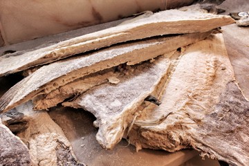 Pieces of salted cod for sale in a market in Lisbon