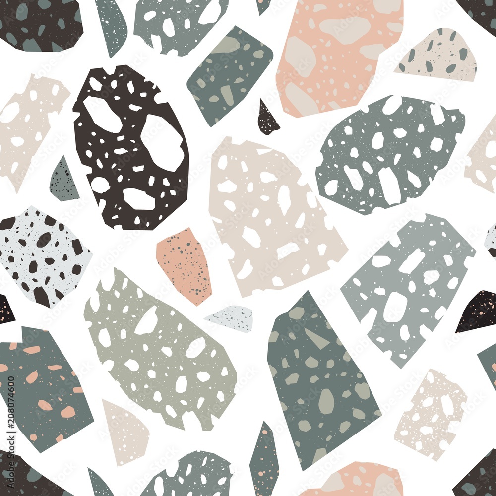 Aufkleber modern terrazzo texture. seamless pattern with colored stone fractions or pieces scattered on white 
