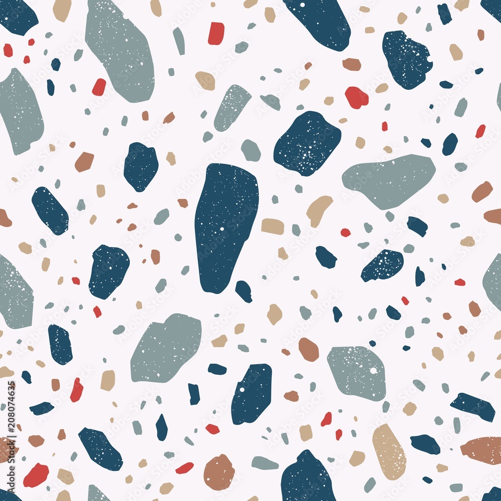 Poster Decorative terrazzo texture. Seamless pattern with colorful mineral rock fragments scattered on white background. Modern vector illustration for backdrop, wrapping paper, wallpaper, flooring.