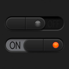 Fototapeta premium On and Off toggle switch buttons. Black 3d oval icons with orange element