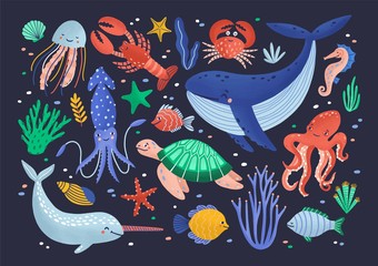 Sammlung süßer, lustiger, lächelnder Meerestiere - Säugetiere, Reptilien, Weichtiere, Krebstiere, Fische und Quallen einzeln auf dunklem Hintergrund. Meeres- und Meeresfauna. Flache Cartoon-Vektor-Illustration.