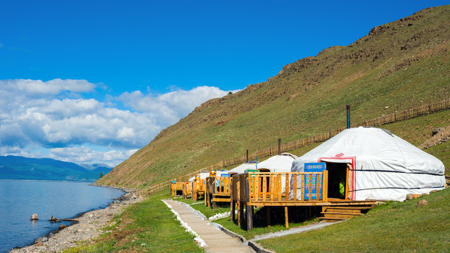 Tourist center in Mongolia on the shore of Lake Hovsgol. Yurts - a traditional home in Mongolia. Aspect ratio 16:9 