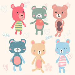 vector set of cute teddy bears cartoon character hand drawing  in pastel colour, baby and childish printing