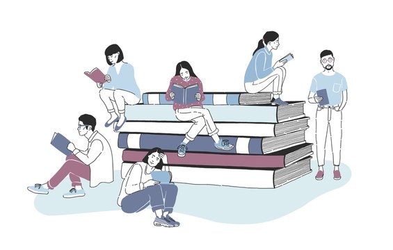 Male and female readers dressed in stylish clothes sitting on pile of giant books or beside it and reading. Studying students or literature fans. Colored vector illustration in modern style.