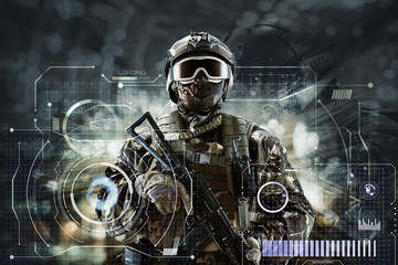 Soldier special forces with weapons in their hands on a futuristic background.  Military concept of the future. - obrazy, fototapety, plakaty