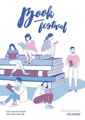 Poster, flyer or invitation template for literary festival with young people dressed in trendy clothes sitting on stack of giant books and reading. Vector illustration for event advertisement, promo.