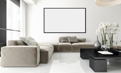 Modern bright interiors apartment with mockup poster frame 3D rendering illustration