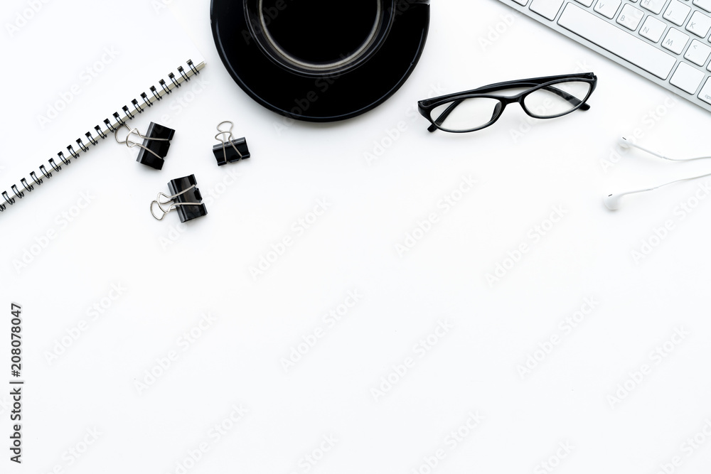 Poster flat lay of top view modern white desk work table with computer laptop and stationary in home office