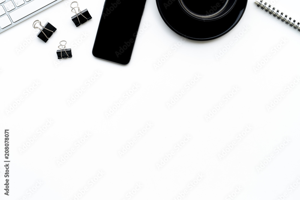 Poster flat lay of top view modern white desk work table with computer laptop and stationary in home office