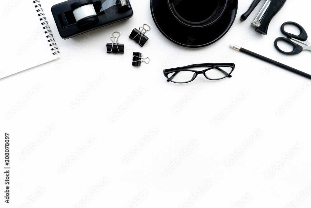 Poster flat lay of top view modern white desk work table with computer laptop and stationary in home office