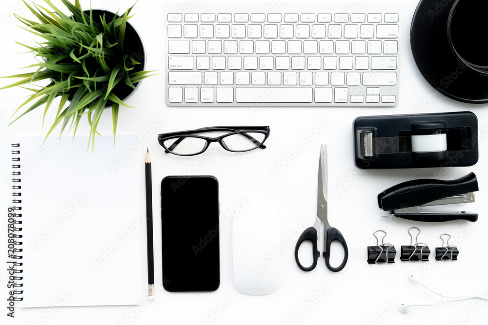 Poster flat lay of top view modern white desk work table with computer laptop and stationary in home office