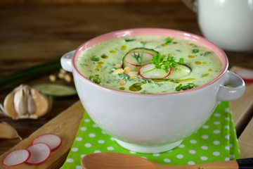 Cold soup Tarator with yogurt, radish, cucumber, greenery and pine nuts. Meal of Bulgarian cuisine