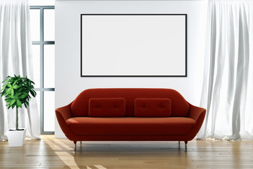 Modern bright interiors apartment with mockup poster frame 3D rendering illustration