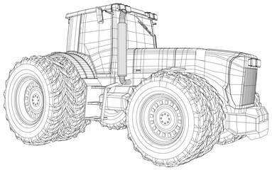 Wire-frame tractor isolated on white background. Tracing illustration of 3d.