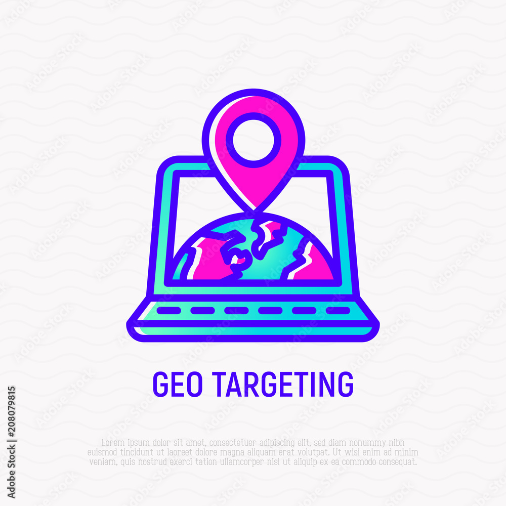 Poster geo targeting thin line icon: opened laptop with earth and pointer on her. modern vector illustratio