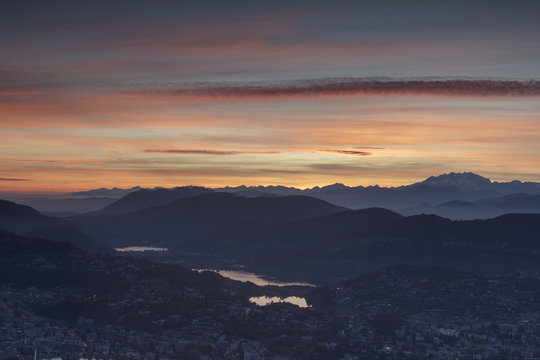 Lugano and Monte Rosa at sunset seen from Monte Bre, Canton of Ticino