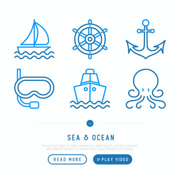 Sea and ocean journey thin line icons set: sailboat, ship, anchor, octopus, steering wheel, snorkel. Modern vector illustration.