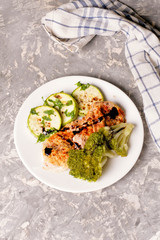 chicken with broccoli and zucchini with spices and herbs on a white plate