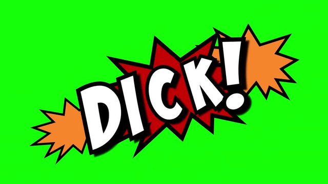 A comic strip speech cartoon animation with an explosion shape. Words: suck, dick, rekt. White text, red and yellow spikes, green background.
