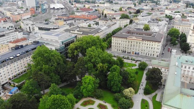 Aerial view of cityscape of old historic city of Salzburg, famous Mirabell Gardens and Palace in summer - landscape of Austria from above, Europe