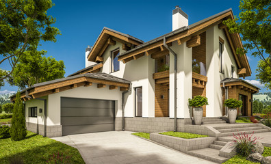 Fototapeta na wymiar 3d rendering of modern cozy house in chalet style