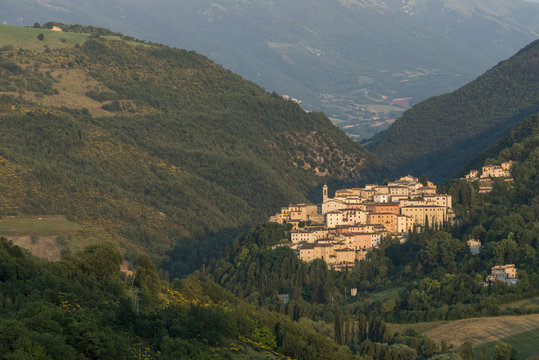 View of the village of Preci at sunset, Valnerina, Umbria