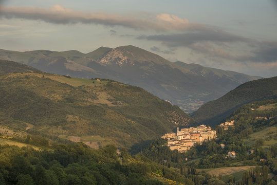 View of the village of Preci at sunset, Valnerina, Umbria